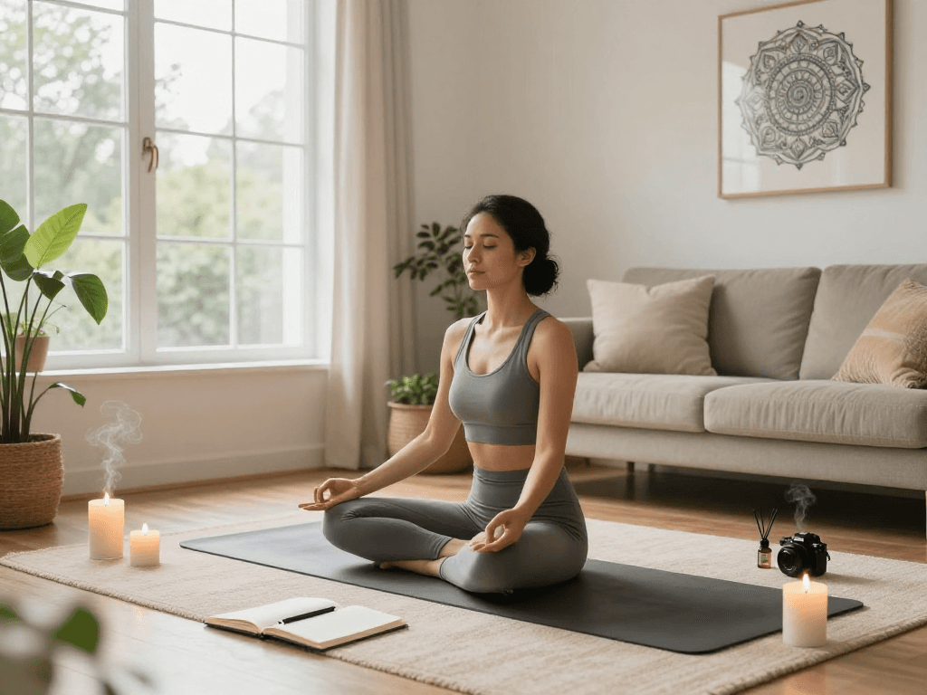 Woman meditating with mantra88 in a serene wellness space filled with calming elements.