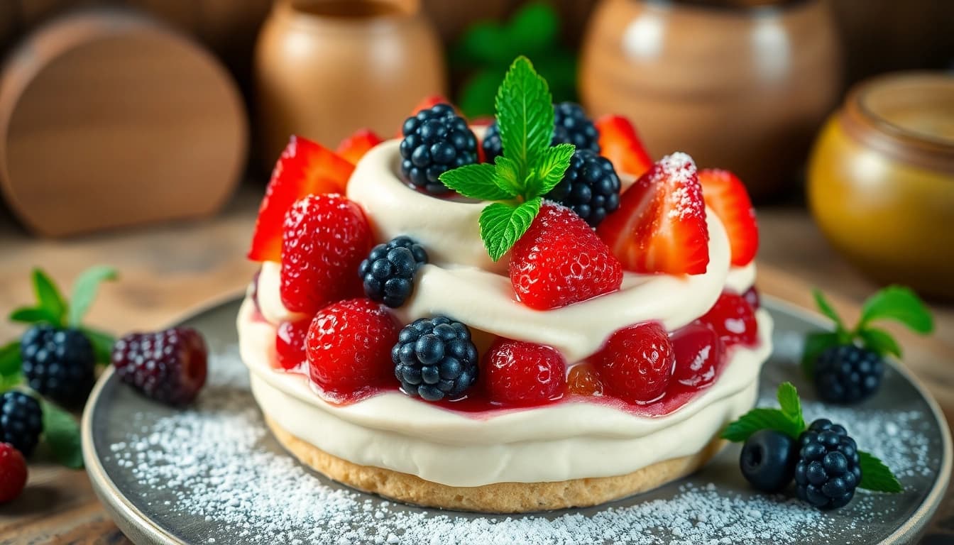 Maak mousseline dessert prachtig gepresenteerd met seizoensgebonden vruchten.