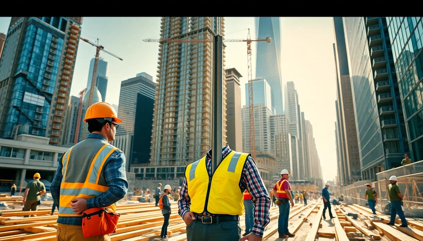 New York General Contractor guiding a team on a busy construction site, showcasing urban renovations.
