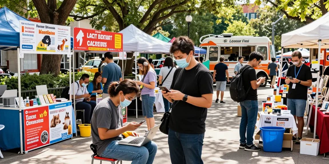 Community members using bedpersonal for local classifieds in a vibrant marketplace.