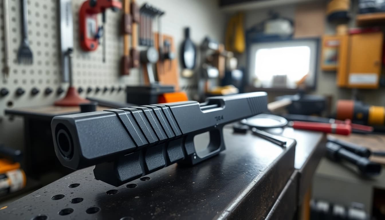 Showcasing a glock 19 gen 3 slide highlighted in a workshop, emphasizing quality craftsmanship.