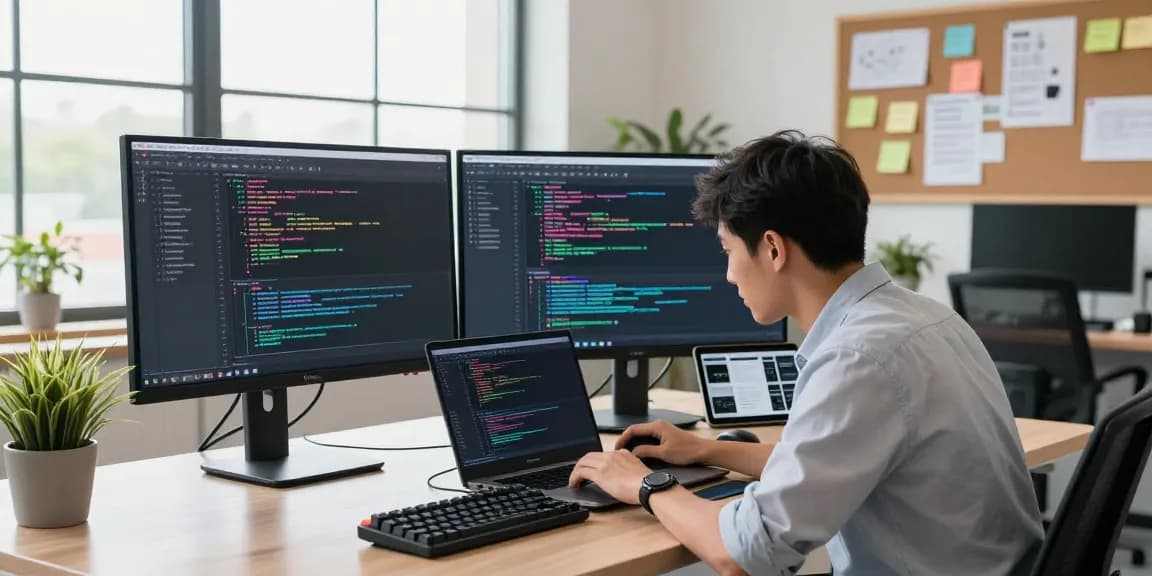Innovative workspace with a developer coding on https://www.bdtjl.app/ dual monitors and modern tech gadgets.