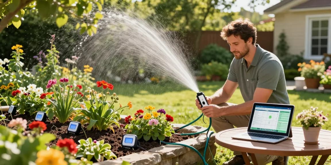 Homeowner uses a wifi sprinkler controller in a vibrant garden for efficient irrigation.