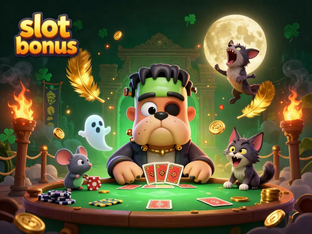 Experience slot bonus action with a cartoon bulldog monster and werewolf kitten at a casino table.