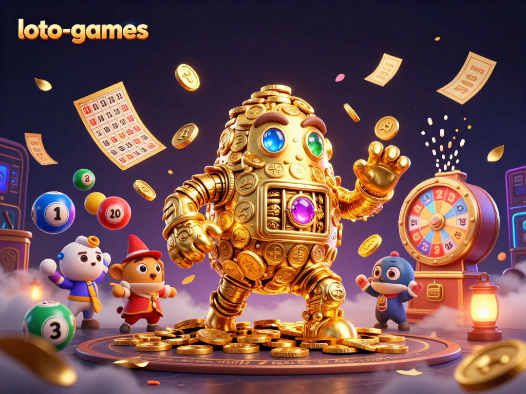 Engage with loto-games through colorful lottery balls and gold coin visuals.