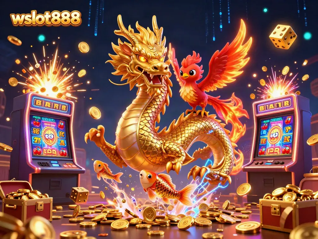 Visual menarik wslot888 dengan naga emas, phoenix merah, dan ikan koi melompat di atas koin emas.