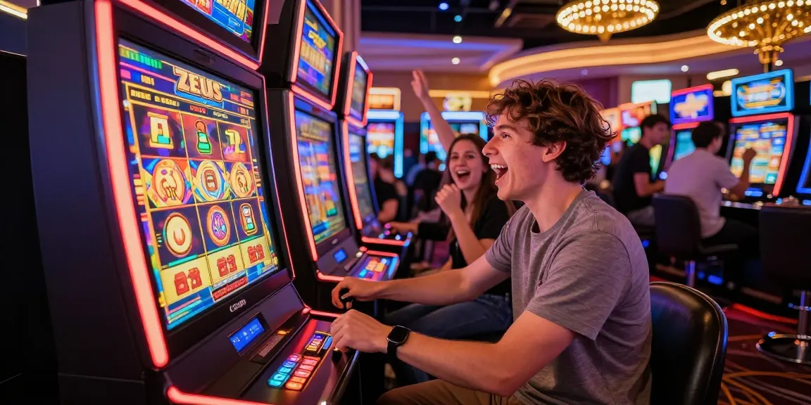 Engaging player enjoying slot zeus game with vibrant lights and excitement in a bustling casino atmosphere.