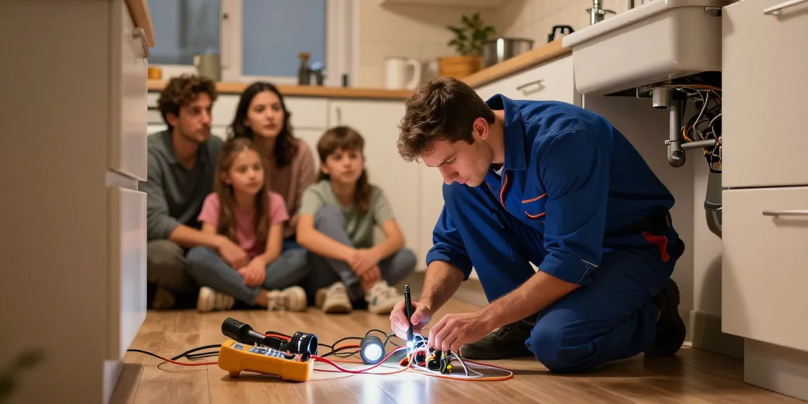 Fast response electrician Bromsgrove fixing electrical issues under a kitchen sink during a power outage.