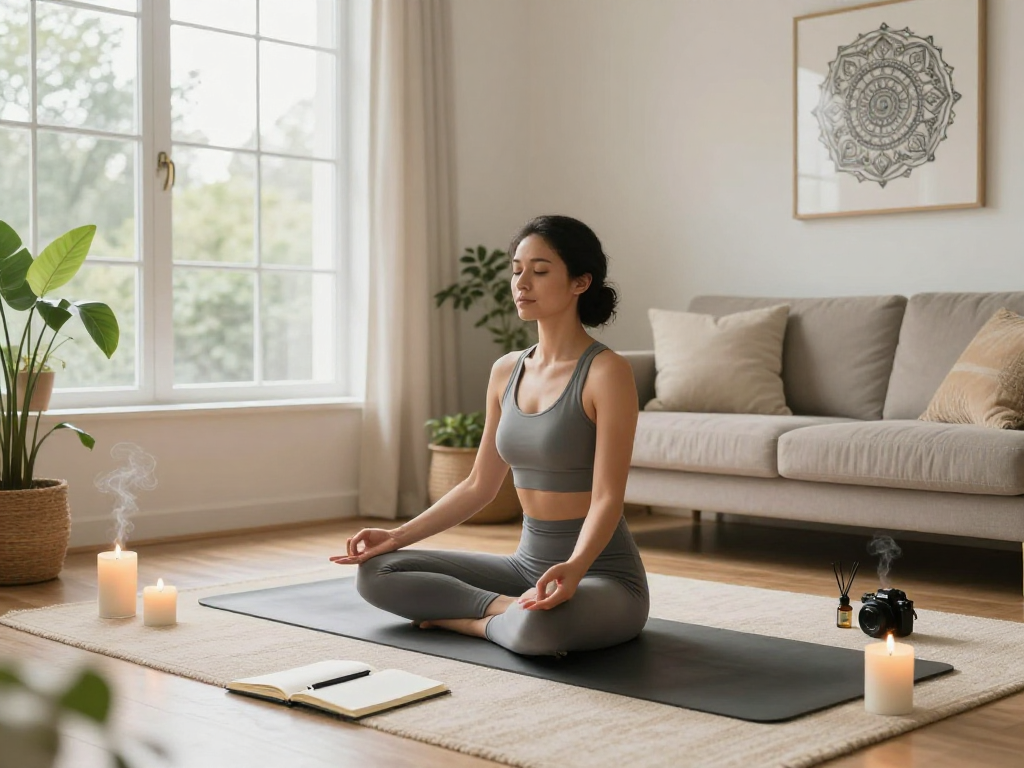 Woman meditating with mantra88 in a serene wellness space filled with calming elements.