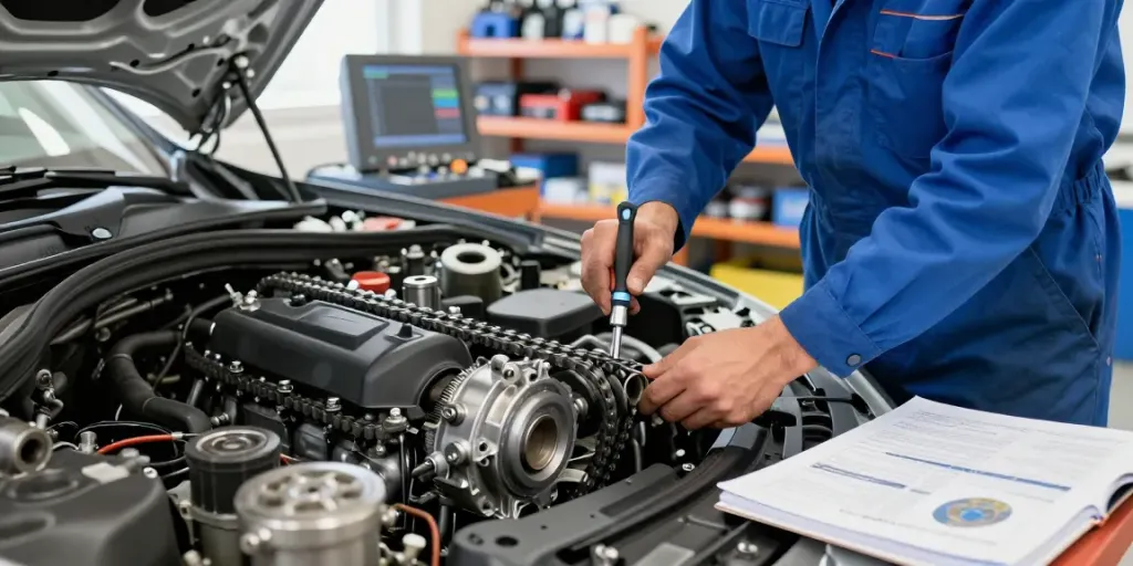 Mechaniker bei der Arbeit, Steuerkette wechseln Hannover in einer professionellen Kfz-Werkstatt.