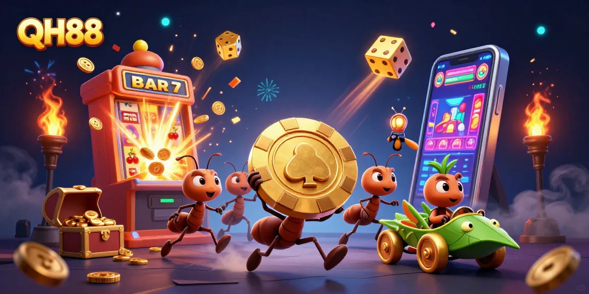 QH88 offers thrilling experiences as playful ants heist a gigantic poker chip amidst casino excitement.