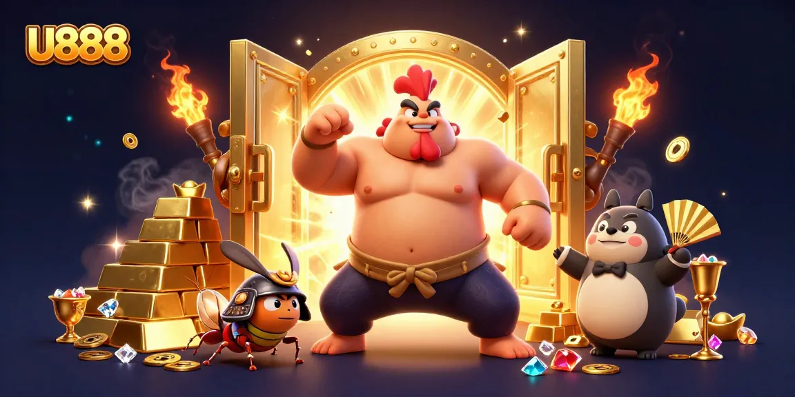U888's powerful sumo rooster stomping amidst gold treasures, enhancing your gaming adventure.