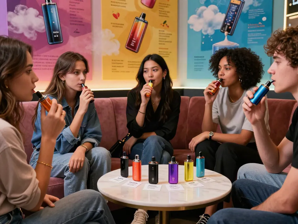 Group enjoying Flum vape devices in a trendy lounge