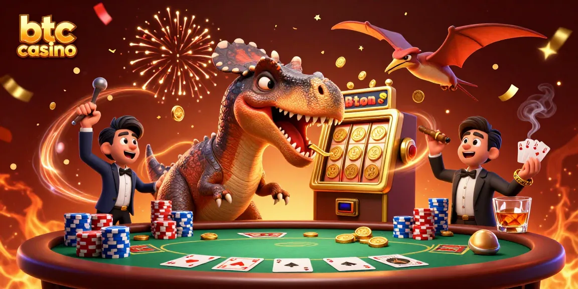 Attiva il jackpot nel btc casino con un pachycephalosaurus che testa una slot, sotto il caos festoso del manager ankylosaurus.