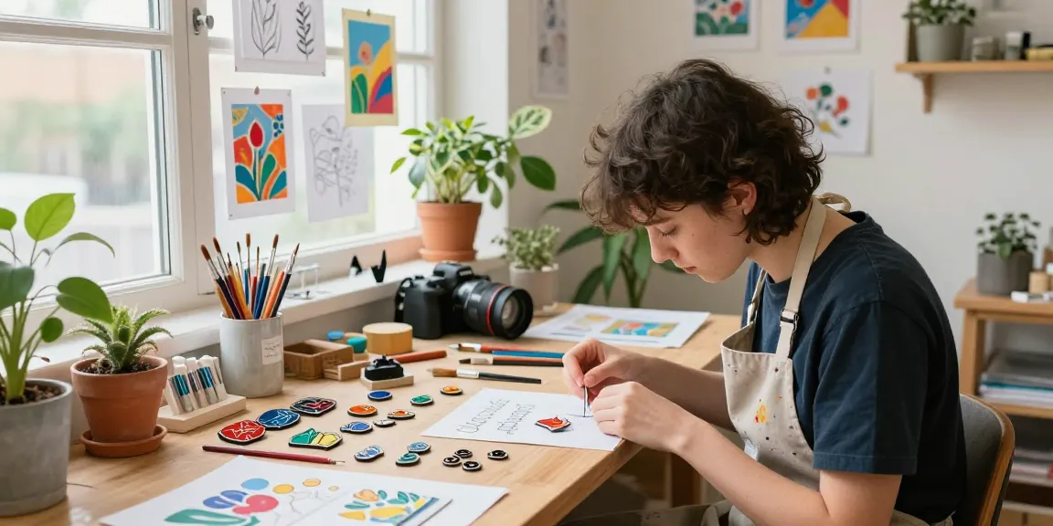 Creative artist designing custom enamel pins in a bright studio with colourful materials and natural light.