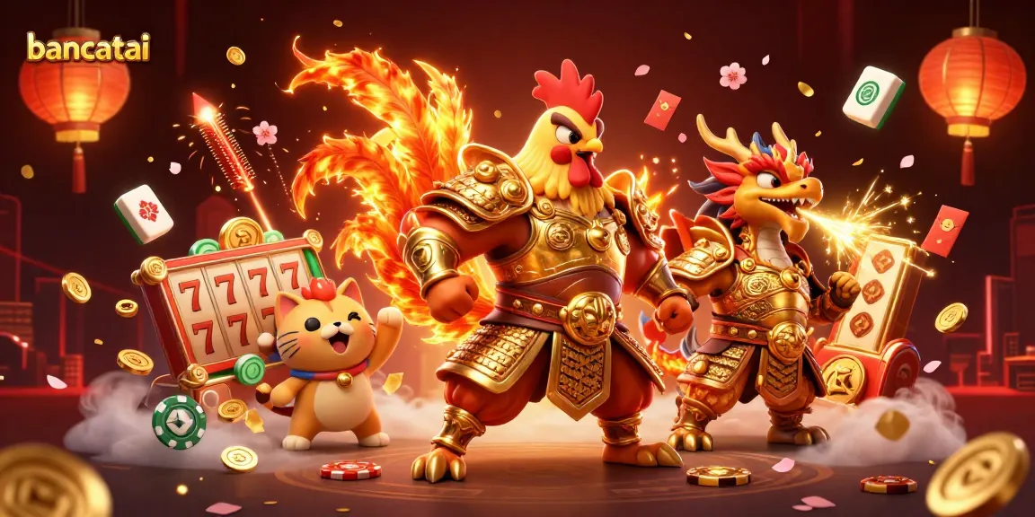 Bancatai features a mesmerizing 3D scene of a rooster warrior and dragon hatchling celebrating casino success with vivid elements.