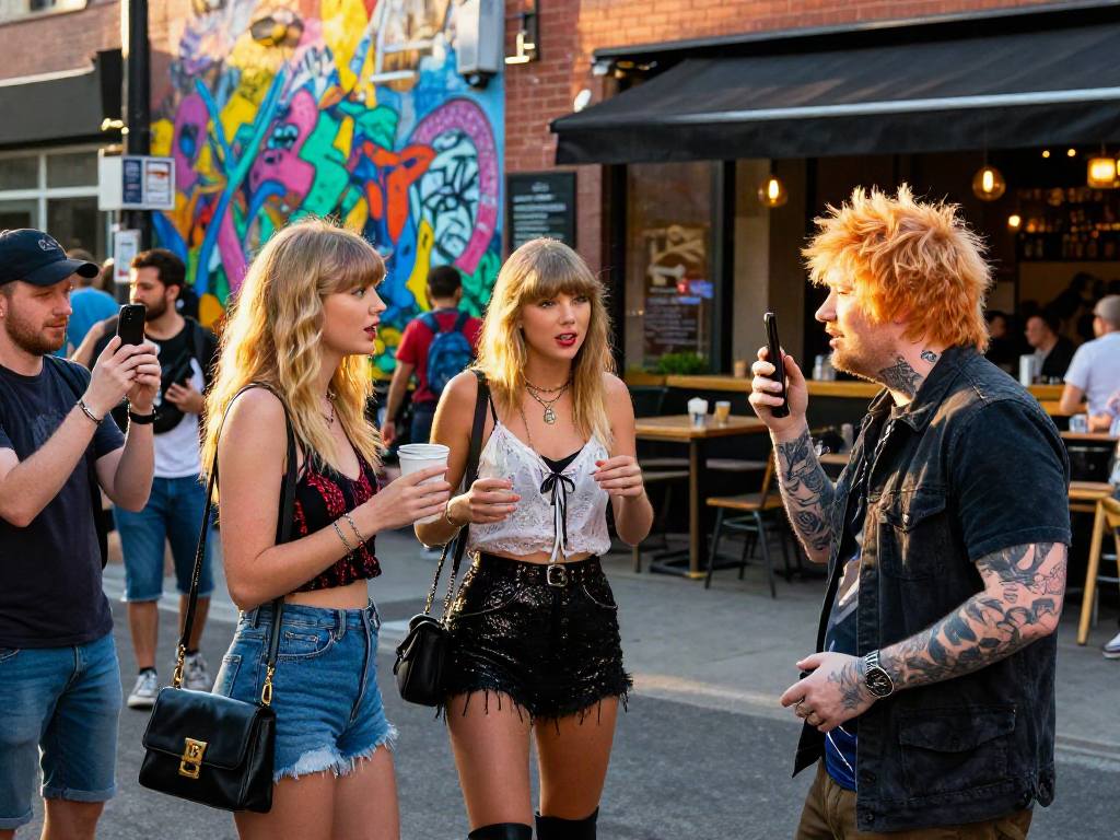 People resembling look alikes of famous people chatting in a vibrant urban setting.
