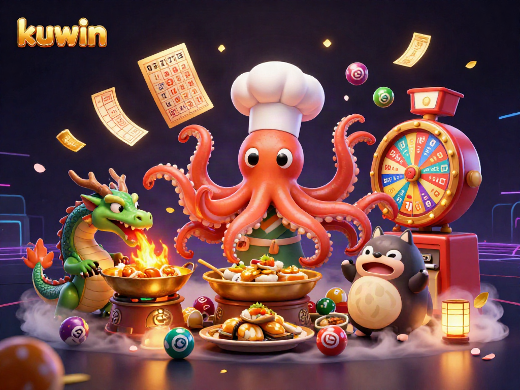 Kuwin engages players in vibrant casino action featuring a sushi chef octopus, dragon, and tanuki customer.