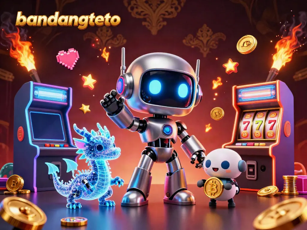 Experience the vibrant excitement of bandungtoto with a cyberpunk robot and gaming elements in an immersive casino scene.