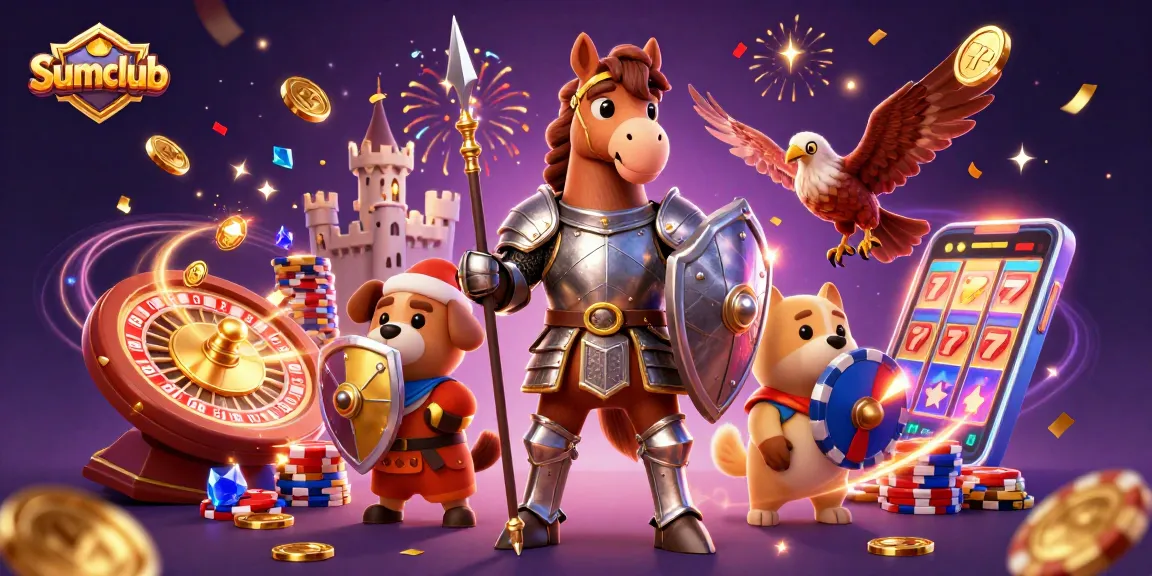 Experience the thrill of Sumclub with vibrant visuals of casino excitement, featuring knights, coins, and gaming elements.