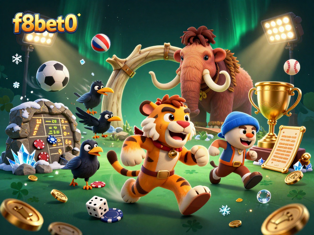 Experience the excitement of f8bet0 with lively cavemen and sports-themed casino elements in a magical setting.