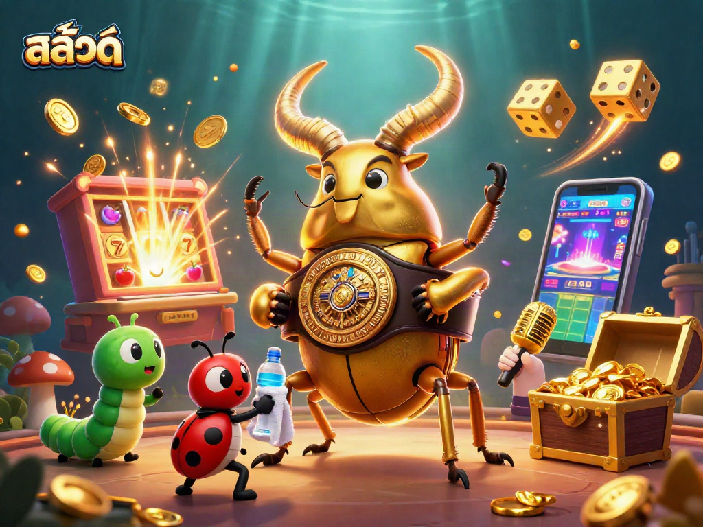 Engage in สล็อต gaming with an epic showdown featuring a cartoon golden stag beetle and casino elements.