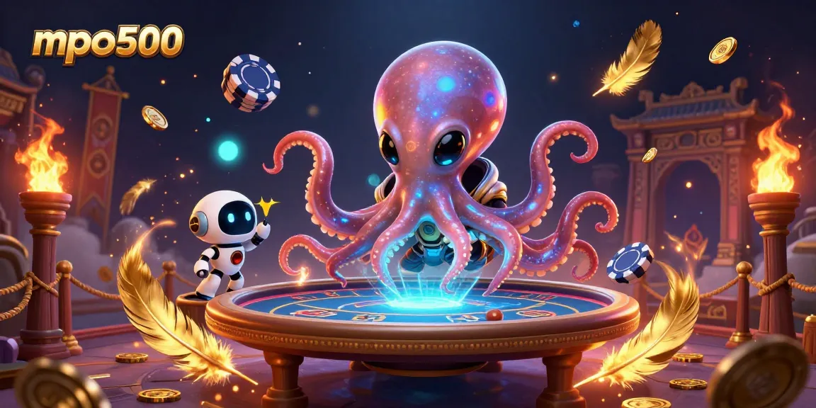 Engage with mpo500's exciting slots and poker scene featuring an alien octopus and virtual poker table.