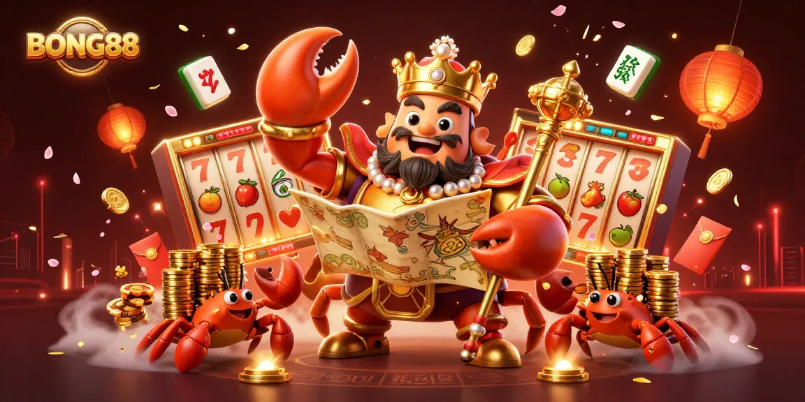 BONG88 showcases a golden crab emperor amid vibrant slot reels and cherry blossoms, symbolizing casino richness.