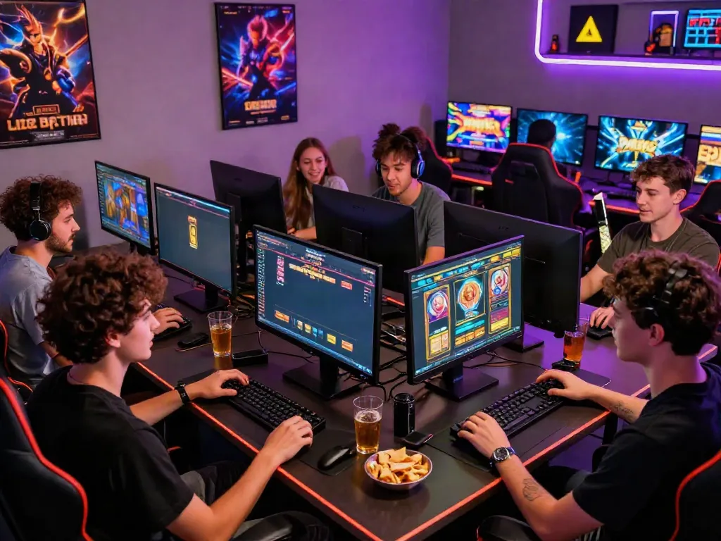 Diverse friends enjoying slot online games in a vibrant gaming setup with modern tech.