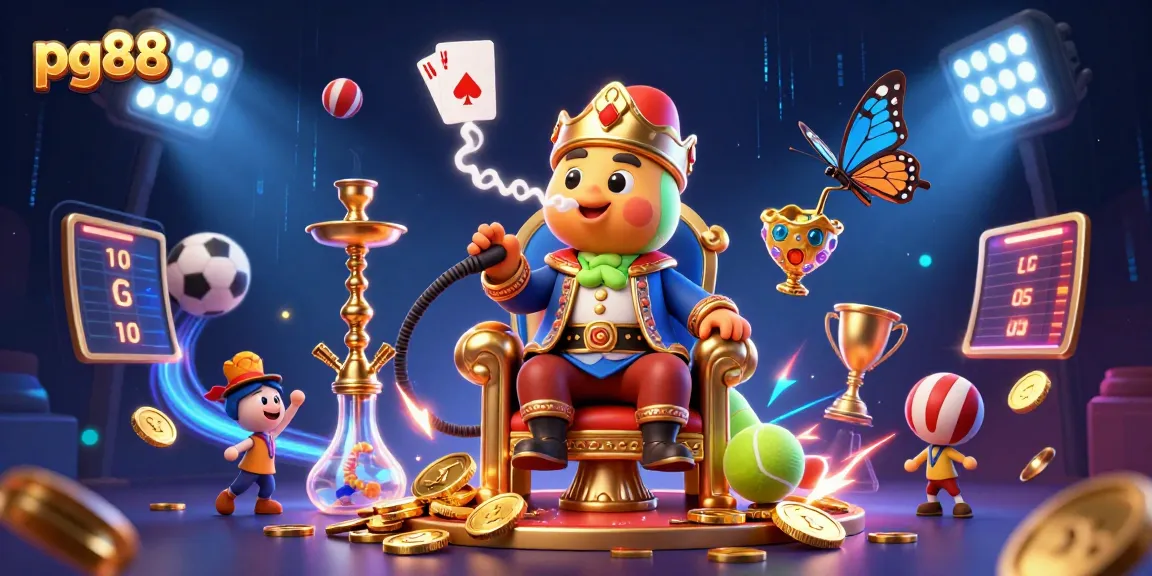Engage with pg88 as a vibrant 3D illustration showcases a charismatic hookah-master and dynamic sporting elements.