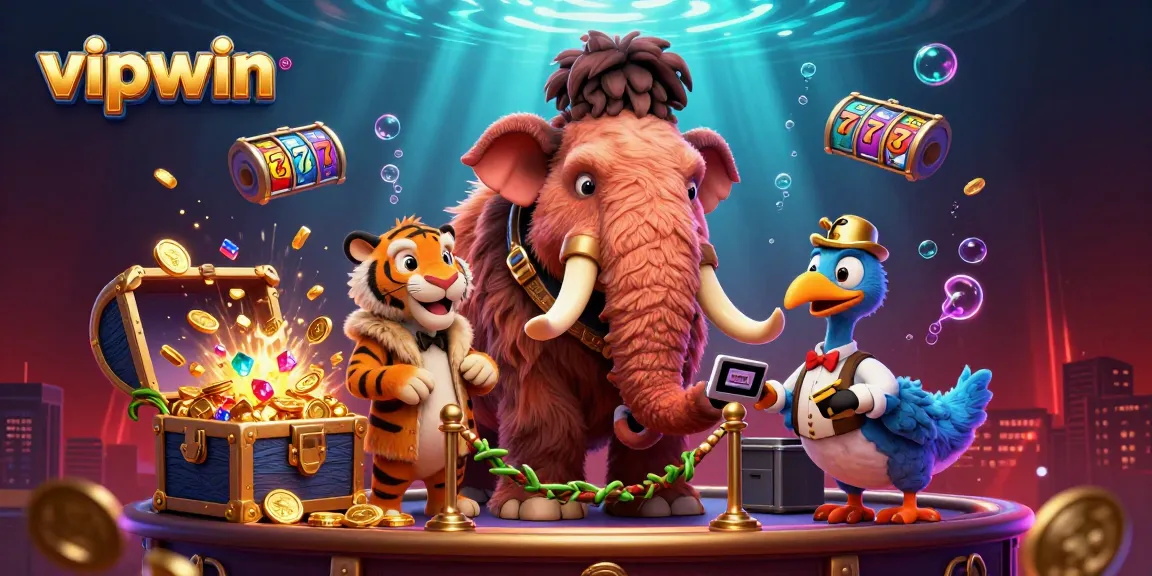 vipwin showcases a vibrant scene with a woolly mammoth bouncer, a VIP saber-tooth tiger, and a dodo doorman amidst casino elements.