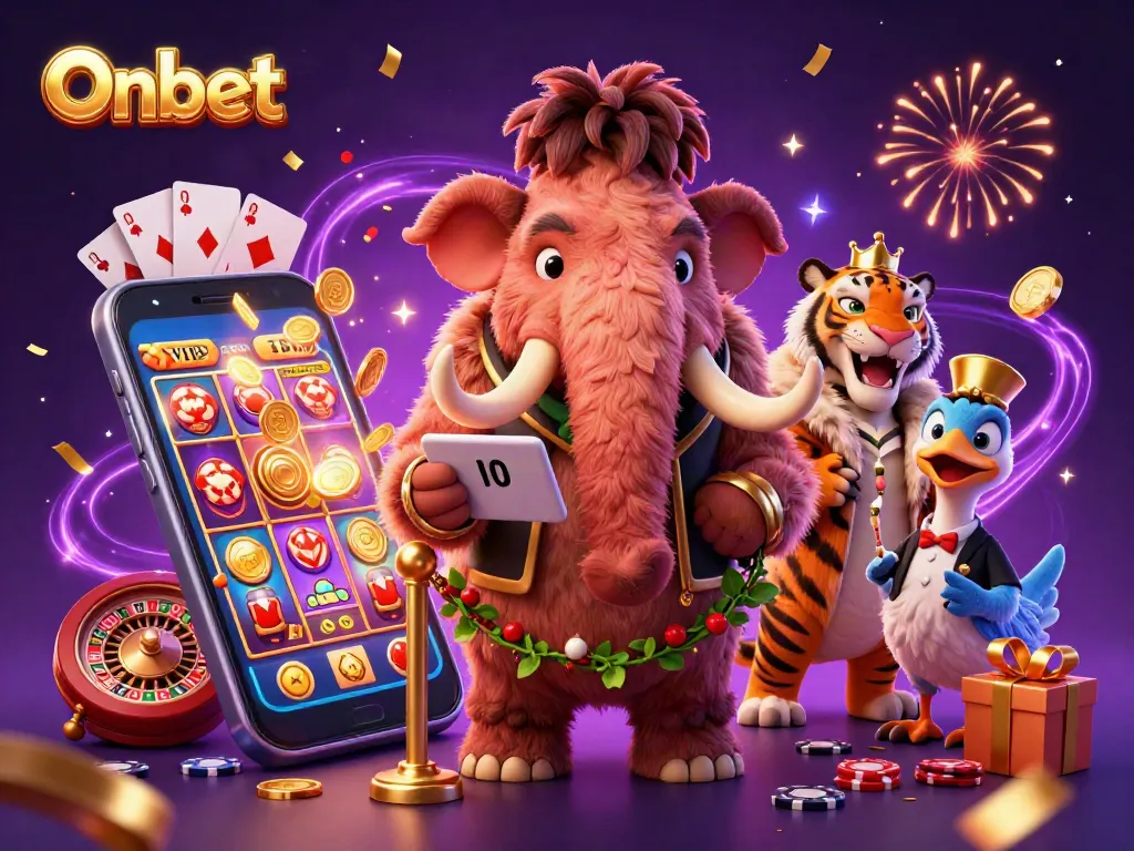 Engage with Onbet's vibrant casino atmosphere featuring a mammoth bouncer and gaming elements.