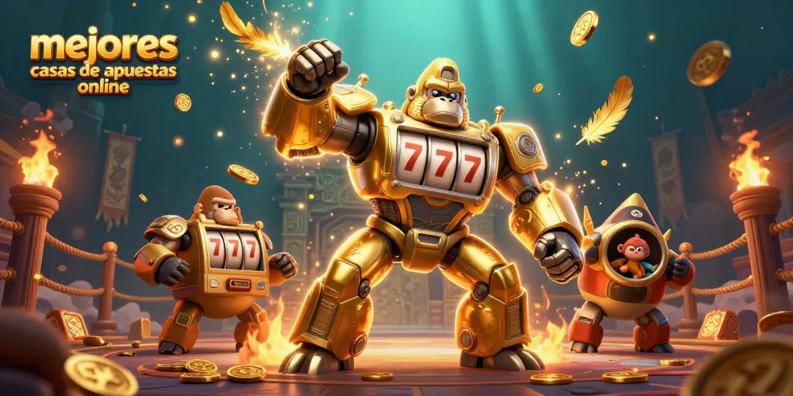 Mejores casas de apuestas online con un gorila mech y elementos de casino vibrantes.