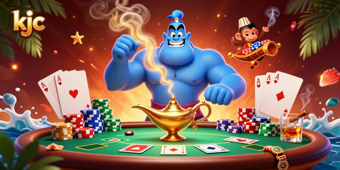 Experience thrilling gameplay with kjc, showcasing a vibrant poker scene featuring a genie and monkey.