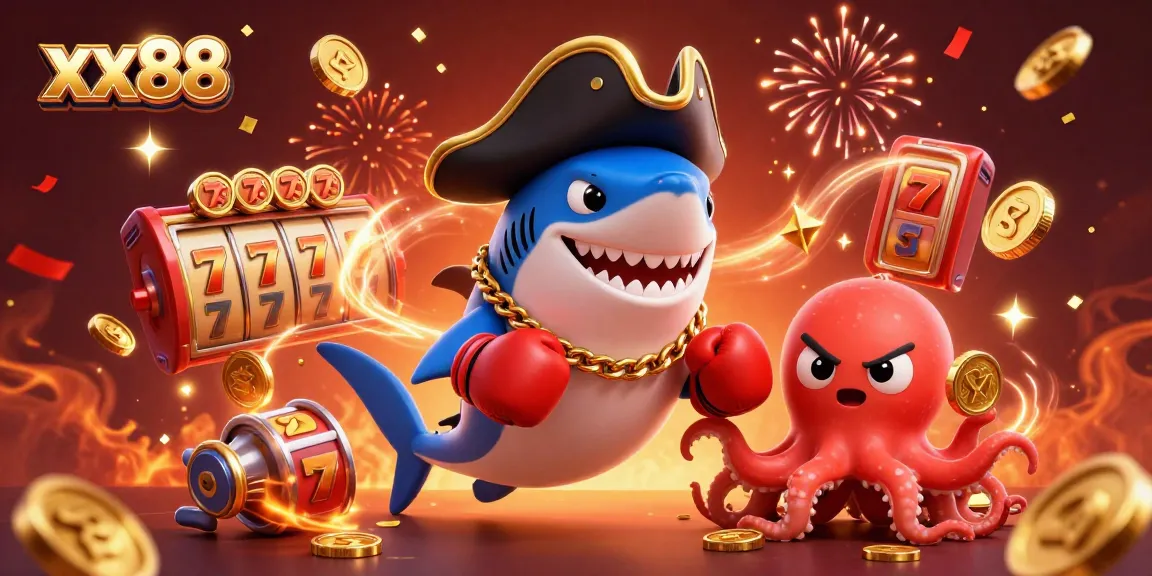 Spin to win with xx88, featuring a shark, pufferfish, and octopus in a vibrant casino scene.