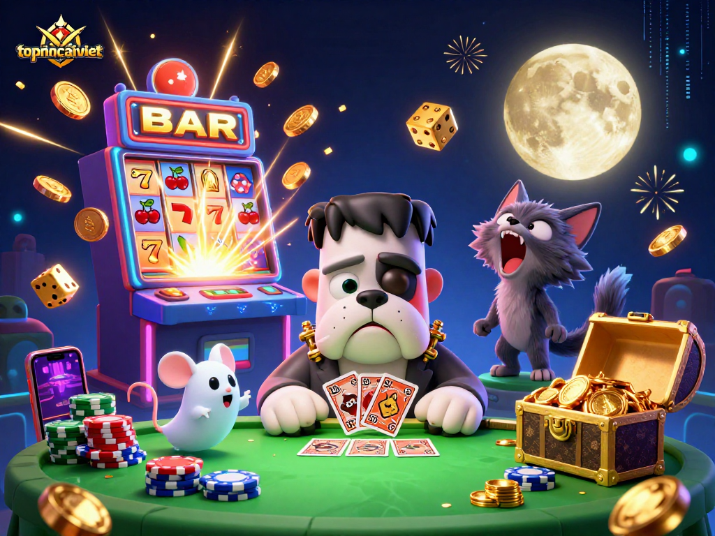 Engage with topnhacaiviet as a Frankenstein bulldog monster deals cards at a spooky casino table.