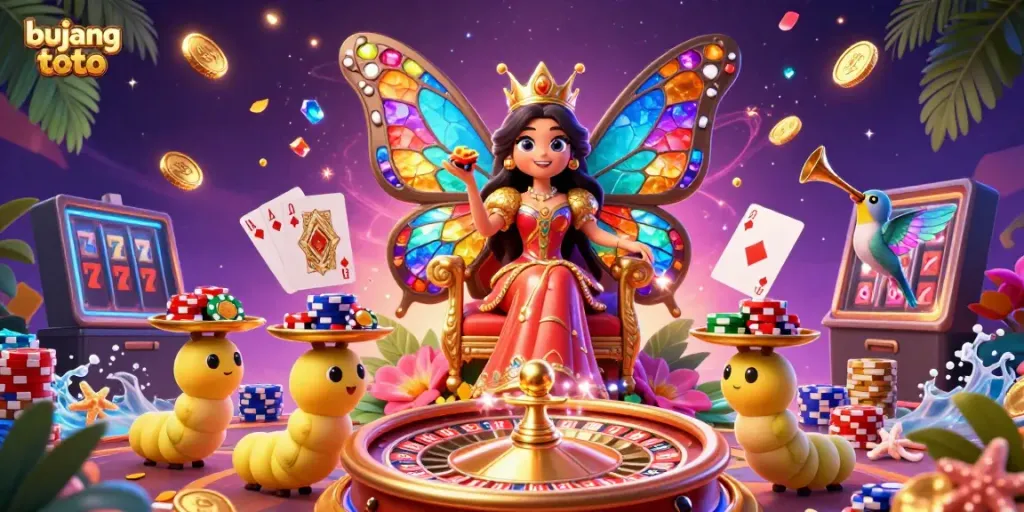 Experience the thrilling world of bujang toto with a vibrant 3D scene showcasing a butterfly queen and casino elements.