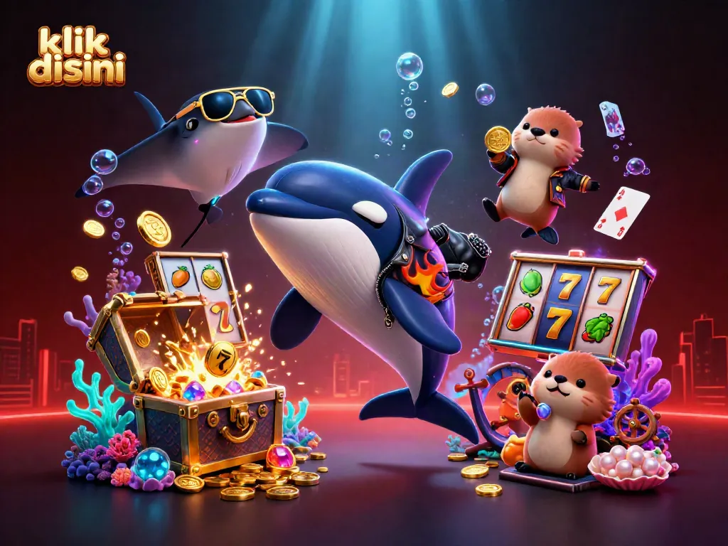 Engage with a fun casino scene where klik disini showcases characters amid vibrant slot reels and golden treasures.