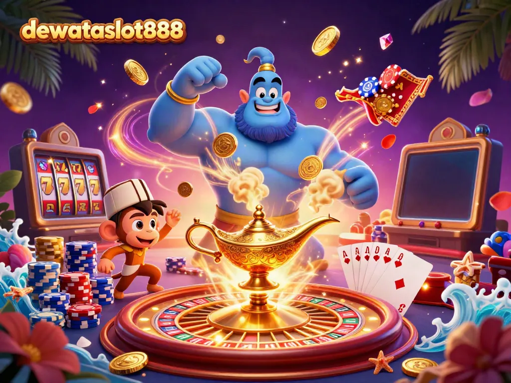 Pemain judi menciptakan peluang di dewataslot888 dengan genie kasino dan karakter bermain di latar belakang yang ceria.