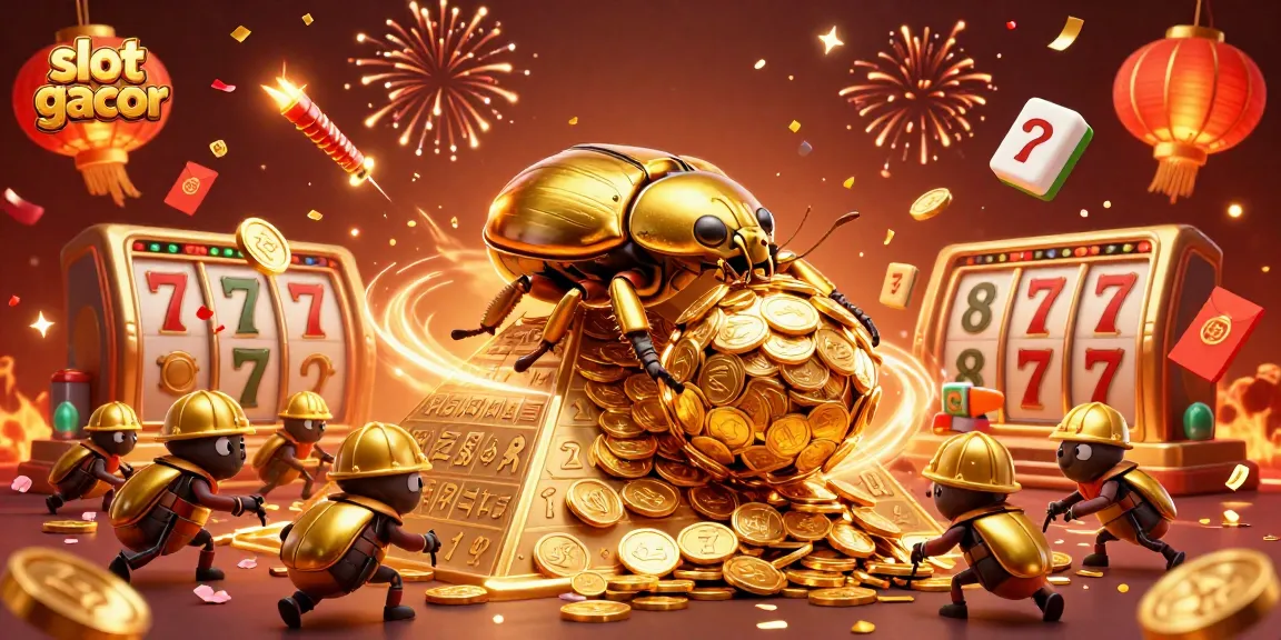 Experience the thrill of slot gacor with a golden dung beetle rolling coins and festive elements in a vibrant casino scene.