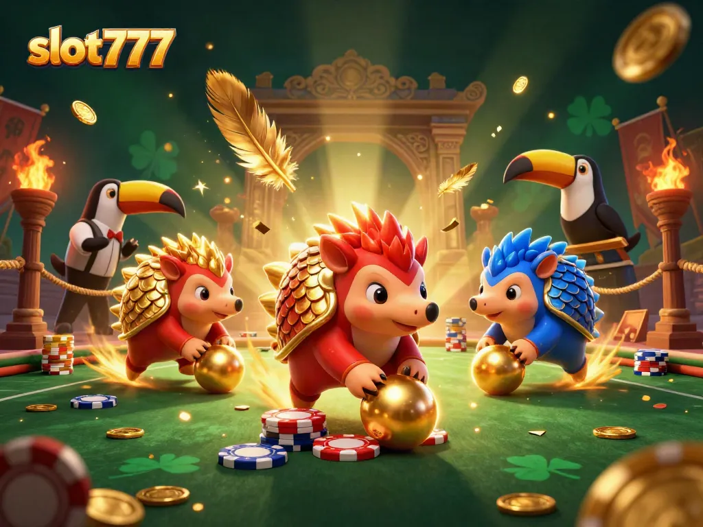 Slot777 menampilkan dua pangolin rival beraksi dengan slot, poker chips, dan koin emas.