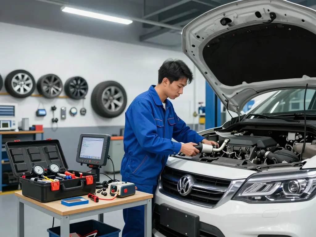 Mechaniker führt die DPF-Regeneration an einem Diesel-Fahrzeug durch und zeigt professionelle Ausrüstung im Werkstattumfeld.