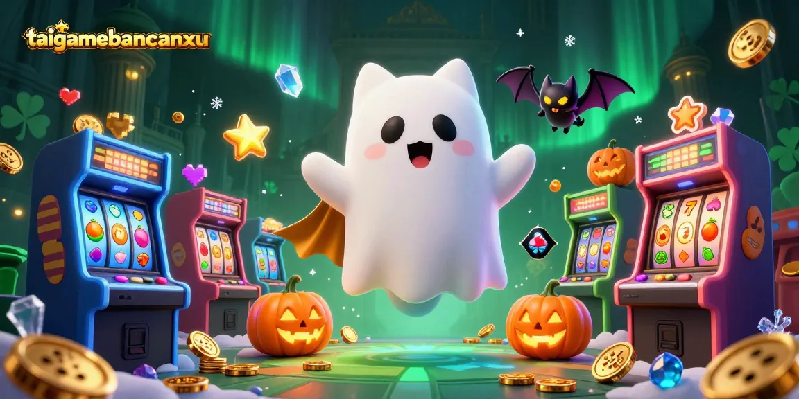 taigamebancaanxu reveals a ghost cat and vampire bat in a haunted casino setting filled with slot machines