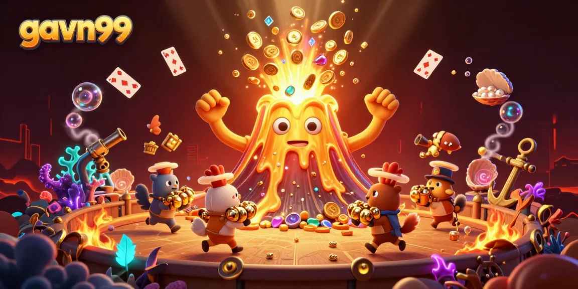 Experience the thrill of gavn99 as the volcano erupts in treasure amidst a vibrant cockfighting scene.