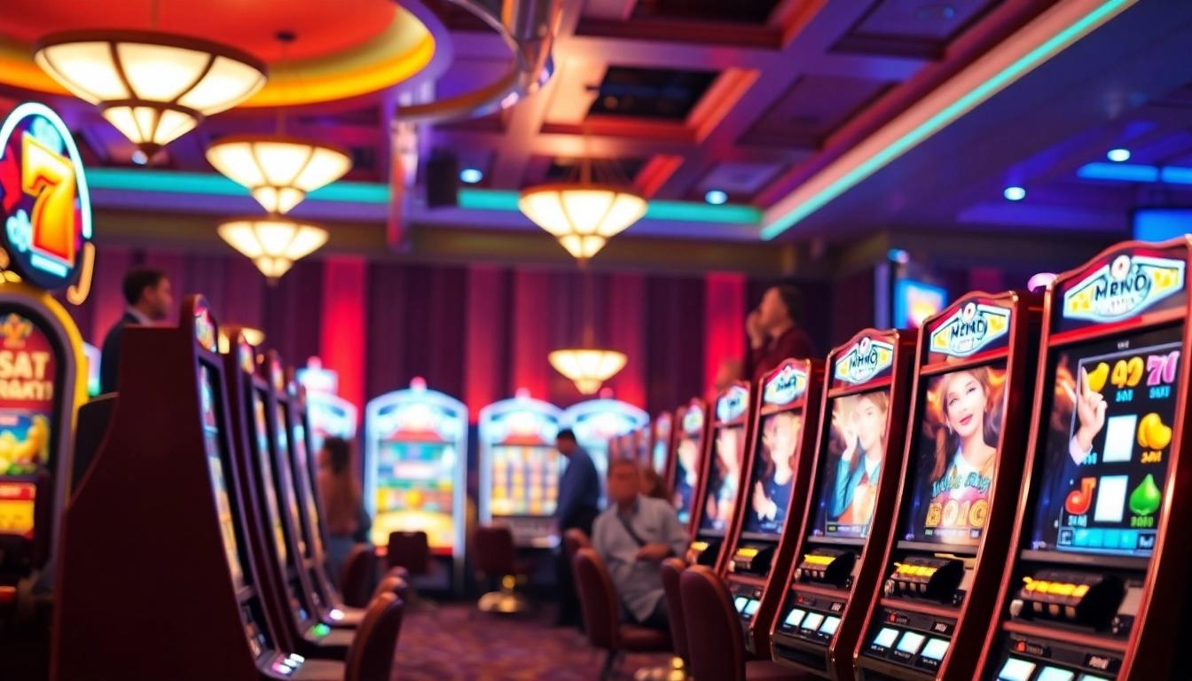 Experience the thrill of slot gambling with vibrant machines in a lively casino atmosphere.