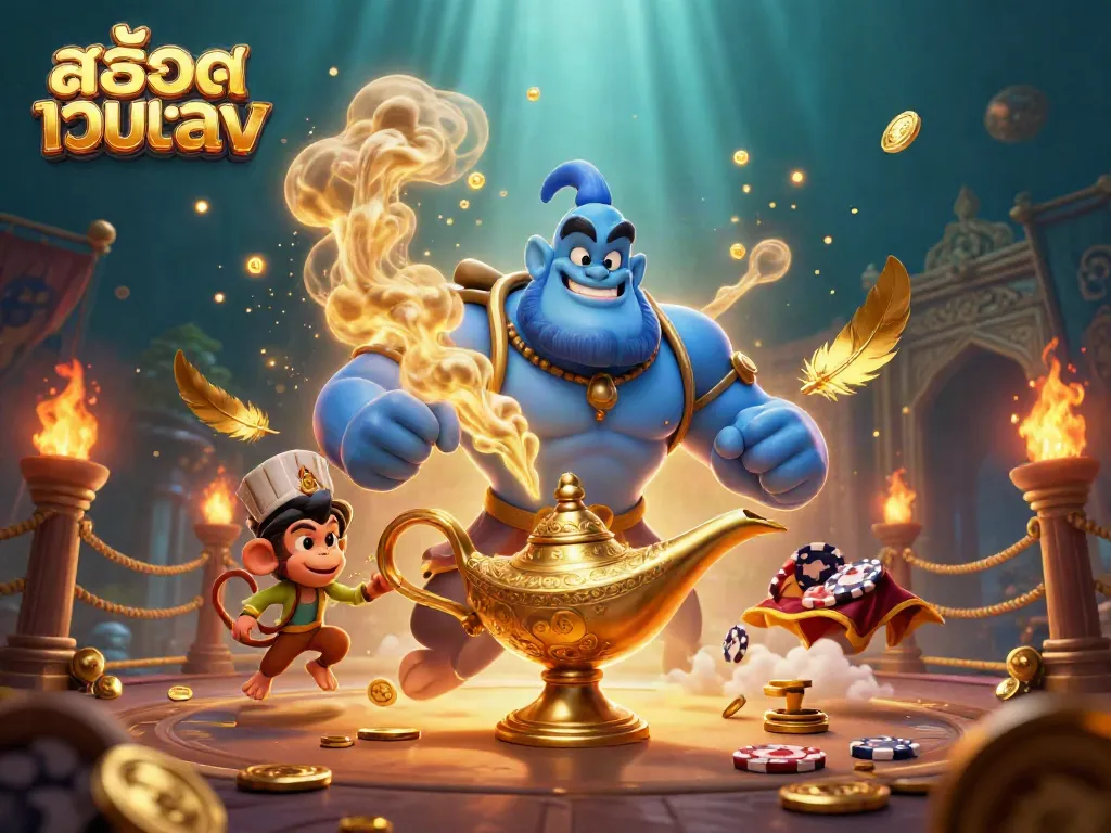 Engage with the สล็อตเว็บตรง experience featuring a genie and magic carpet in a vibrant casino scene.