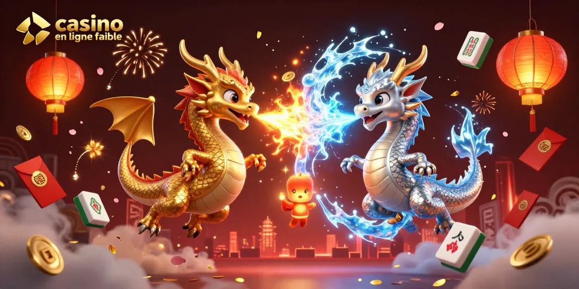 Plongez dans le monde des jeux avec ce visuel captivant de casino en ligne fiable, où dragons s'affrontent en vol.