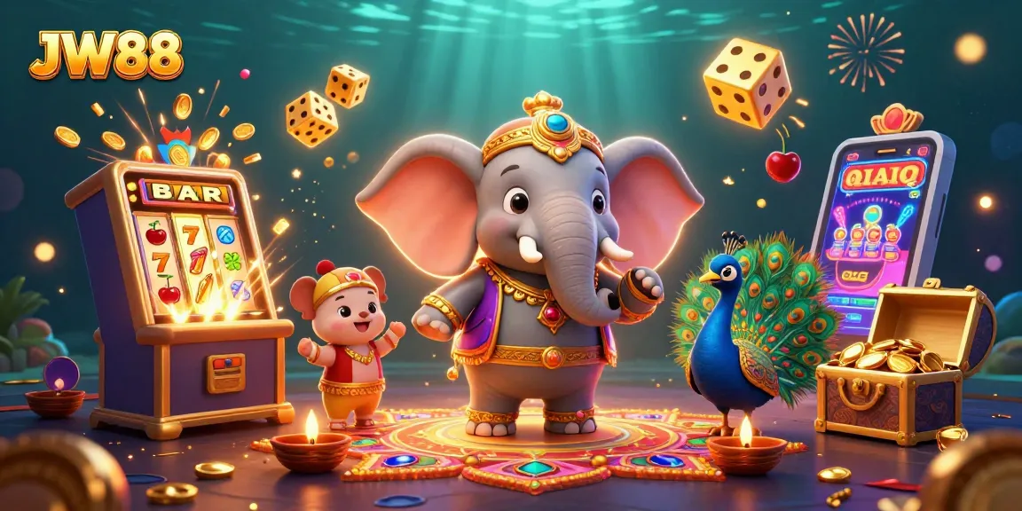Engage with JW88 in a vibrant digital casino adventure featuring a dynamic 3D elephant and slot machine.