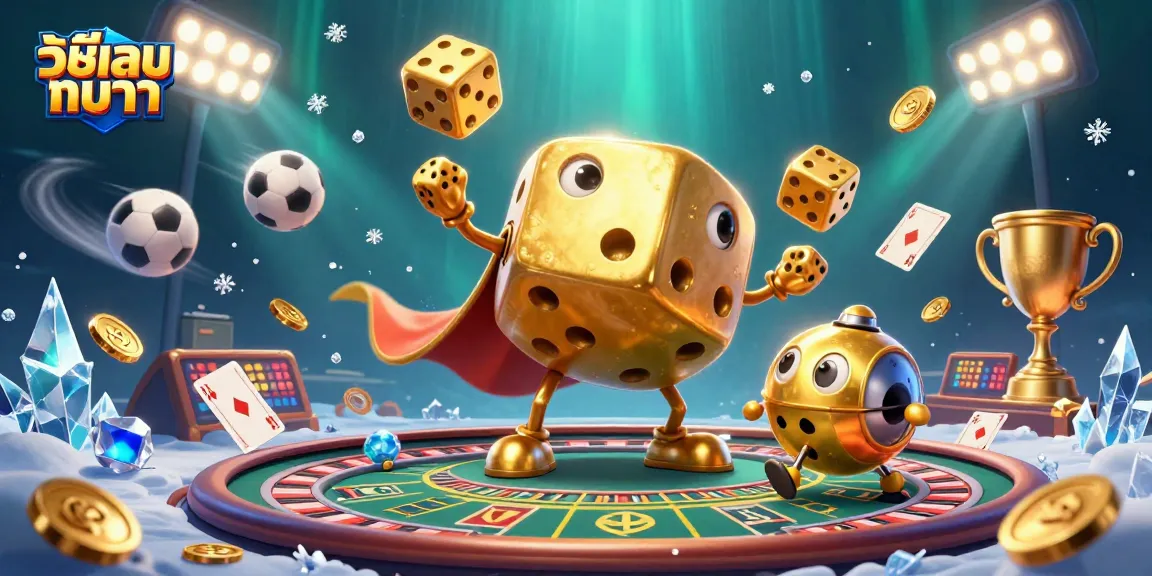 Engage with วิธีเล่นบาคาร่า through this vibrant casino illustration featuring gaming characters and elements.