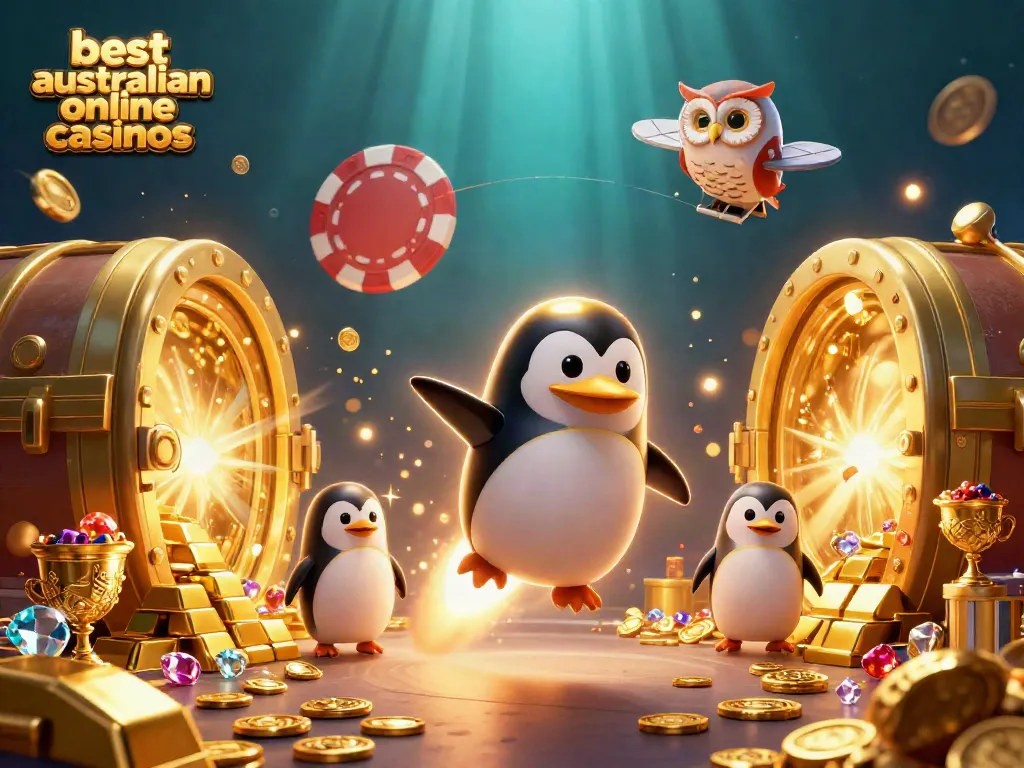 Explore the best Australian online casinos with an adventurous penguin in a vibrant 3D scene.